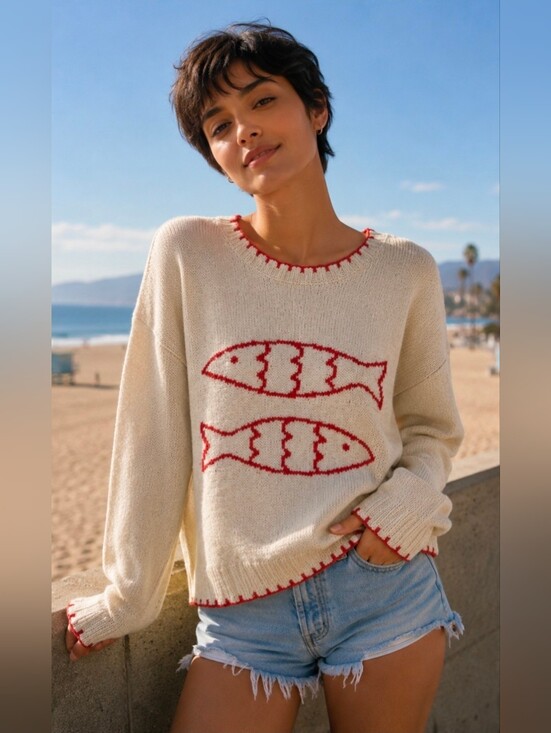 Dreamers By Debut Sweaters - Dreamers By Debut Cream Crewneck Sweater with Coral Fish Motif S NWT